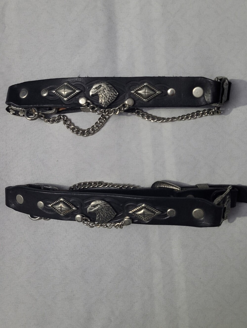 Black Leather Eagle Detail Boot Straps with Silver Chains